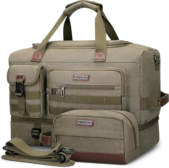 WITZMAN Duffle Bag for Men 50L Canvas Weekender Overnight Bag with Toiletry Bag Sets Travel Duffel Bag Shoes Compartment(A8010/2 Army Green)