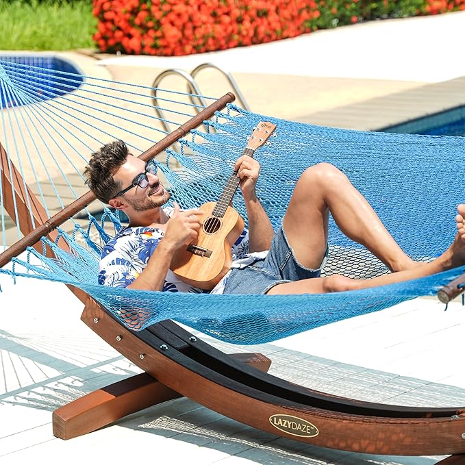 Lazy Daze Hammocks 10.5 FT Double 2 Person Caribbean Rope Hammock Hand Woven Polyester Hammock with Spreader Bars for Outside Outdoor Backyard Patio Poolside 450 LBS Capacity Sky Blue