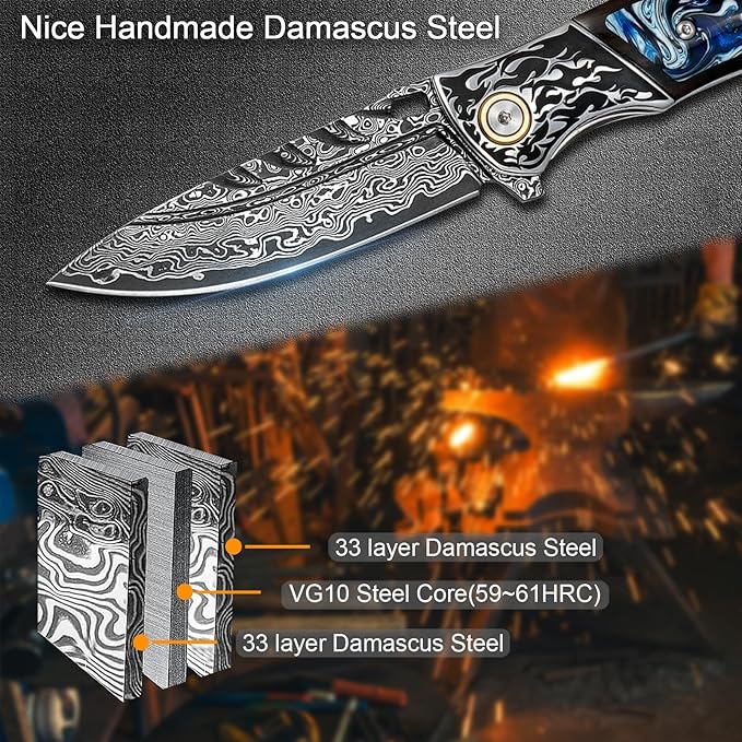 VNLA Handmade Damascus steel Folding Pocket knife. VG10 steel core men and women Folding knifeWith Leather sheathLining lockEbony inlaid with resin HandleEDC outdoor camping