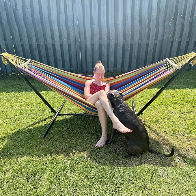 SZHLUX Double Hammock with Stand for Outside 450lb Capacity Steel Stand Premium Carry Bag Included and Two Anti Roll Balance Beam