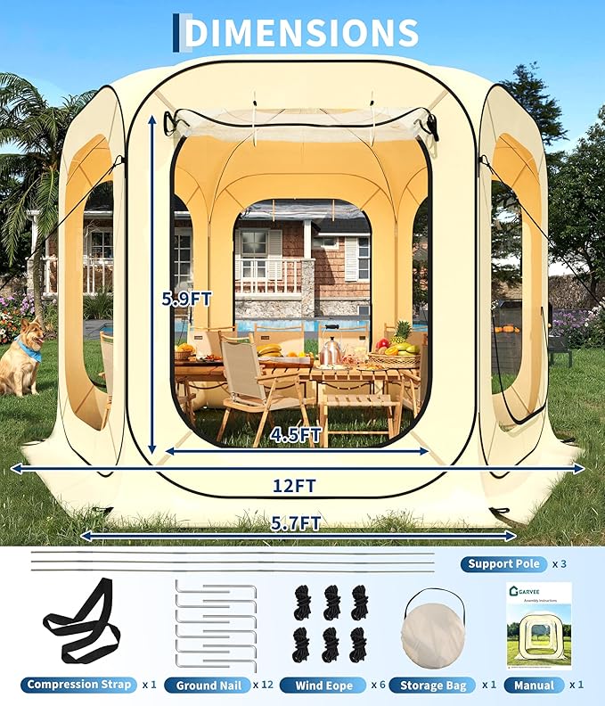 IDEALHOUSE 12x12 Ft Outdoor All Weather Pop Up Tent 8-10 Person Instant Tent Shelter Rainproof Camping Sun Shelter Coldproof &amp Windproof for Patio Backyard Deck Sports Events Beige