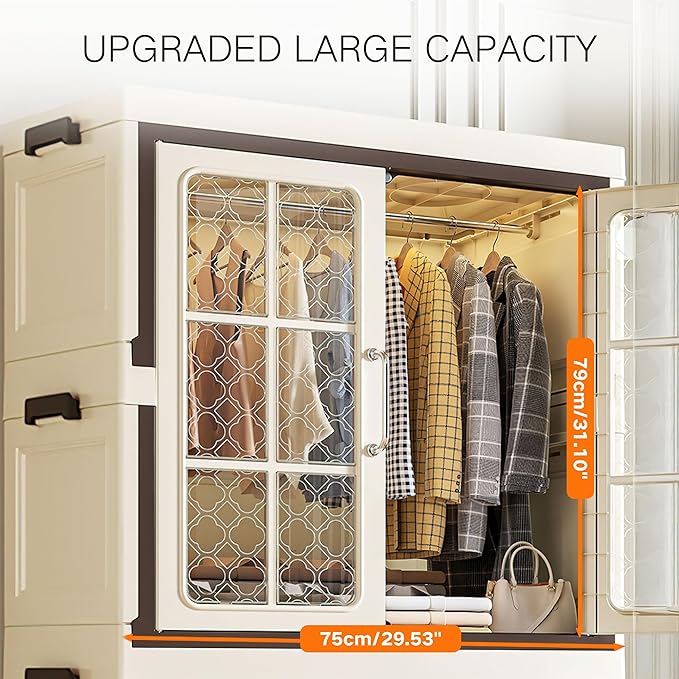 SunSettler Stackable Plastic Storage Cabinet with Transparent Windows Collapsible Closet Organizer with Wheels (1+2 Plus)