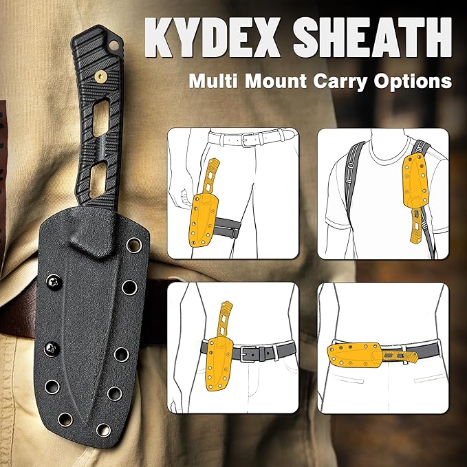 LOTHAR KA52 Fixed Blade Knife with Sheath D2 Steel Survival Tactical Hunting Knife for Camping Bushcraft Outdoor Vertical Horizontal Carry Cool Full Tang Knives Survival Tactical Gear Christmas Val