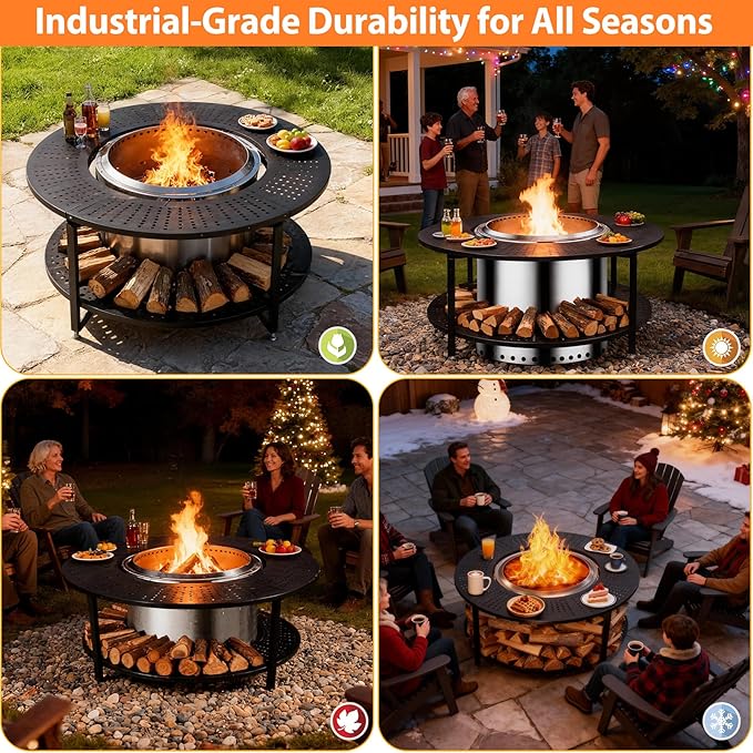 48.5 Inch Universal Fire Pit Surround Tabletop for Solo Stove Yukon &amp Tiki 27.5 Outdoor Patio Stand with Firewood Storage Shelf Heavy Duty Steel 200LB Capacity