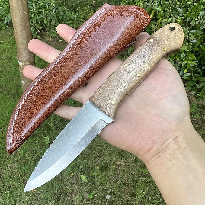 3.74 inches Bowie Knife Full-tang D2 Steel Fixed Blade Walnut Handle Hunting Knife with Leather for Camping Hiking Survival