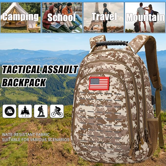 Camo BackpackSmall Tactical Backpack for outdoorMilitary Teen Boys Backpacks for School with USB Charging Port40L