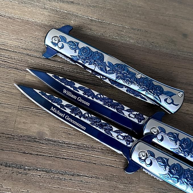 Custom Black or Blue Rose Folding Pocket Knife – Personalized Engraved Tactical Pocket Knife Gift for Him Husband Dad Boyfriend Groomsmen