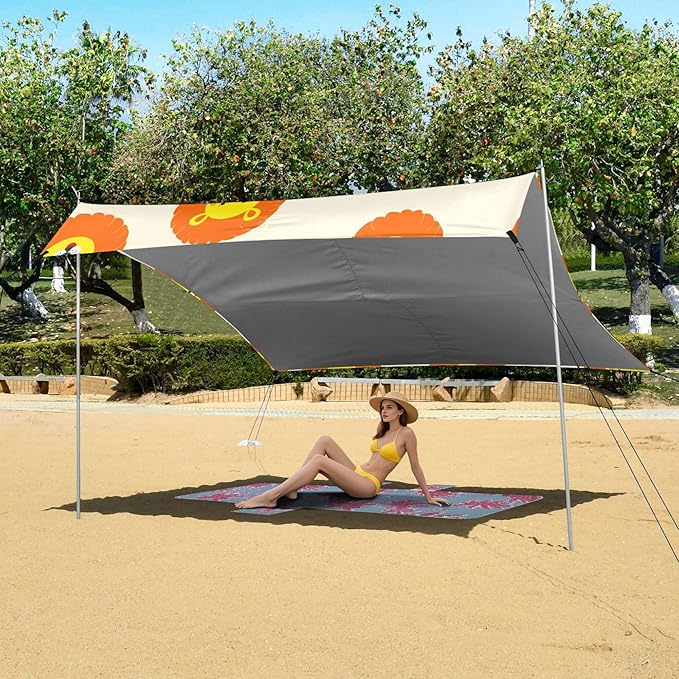 Lion Beach Canopy Sun Shelter with Sandbags &amp Sand Shovel &amp Windproof Ropes - Portable 110x126 Beach Shade Beach Tent for Camping Picnics