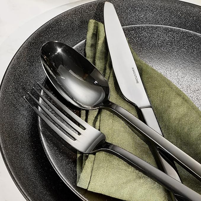KINGSTONE Black Silverware Set 20-Piece Flatware Cutlery Set Premium Stainless Steel Service for 4 for Kitchen Home Wedding Party Mirror Polished and Dishwasher Safe
