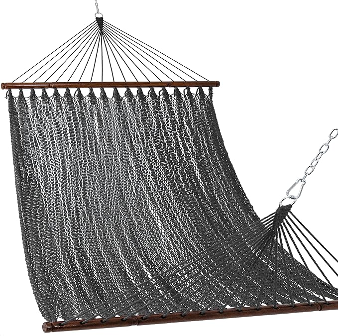 Lazy Daze Hammocks 10.5 FT Double 2 Person Caribbean Rope Hammock Hand Woven Polyester Hammock with Spreader Bars for Outside Outdoor Backyard Patio Poolside 450 LBS Capacity Gray