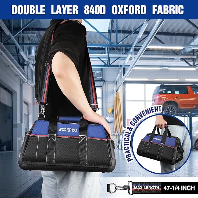 WORKPRO 16-inch Wide Mouth Tool Bag Heavy Duty Cloth Tool Storage Bag with Water Proof Molded Base Adjustable Shoulder Strap