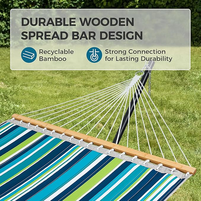 SUPERJARE Hammock with Stand 2 Person Quilted Outdoor Hammock Detachable Pillow &amp Bamboo Spreaders Portable Hammock with Carrying Bag Heavy Duty Stand Perfect for Outside Patio Dark Cyan
