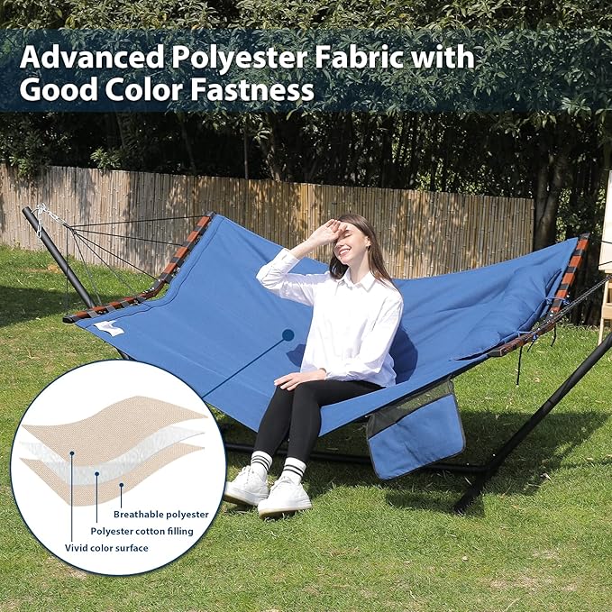 TegerDeger 12FT 2 Person Hammock Large Hammock 450LB Capacity with V Shaped Hardwood Spreader Bar &amp Nylon Rope for Outside Patio Garden Backyard Beach Poolside - Blue