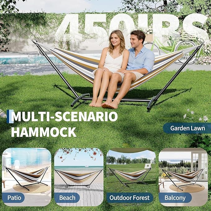 TrailBlaze Double Hammock with Stand Heavy Duty Portable Steel Hammock Set for Outdoor and Indoor Use 500lb Capacity Includes Carrying Bag Space Saving DesignQuick Assembly