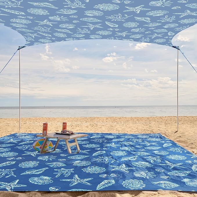 WEKAPO Beach Tent Sun Shelter - Easy Setup Beach Canopy with 4 Sturdy Poles Large Sandbags and Shovel 6'7'' Tall Windproof Sun Shade for Backyard and Camping UPF 50+ Protectio