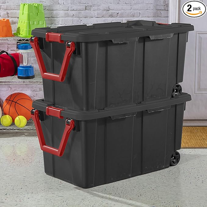 2PCS 40 Gallon Industrial Tote Plastic Storage Bins Wheeled Large Storage Box Set Green Black Blue Grey (Black)