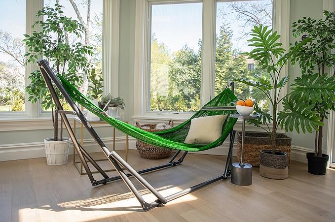Best Home Fashion Hammock for 2 Persons with Collapsible Steel Stand 600 lbs Capacity- Portable Carrying Case Adjustable Perfect for Camping Beach Patio EZ Daze Foldable Hammock with Stand- Green
