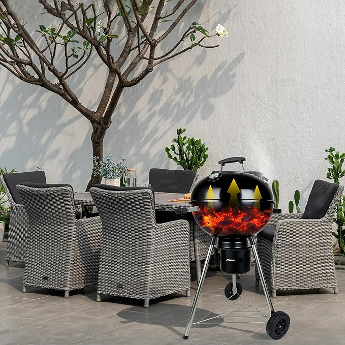 Charcoal Grills 18 inches Kettle Grill with Lid&ampLarge Ash CollectorOutdoor Barbecue Grill for Camping/Garden/Party/Poolside