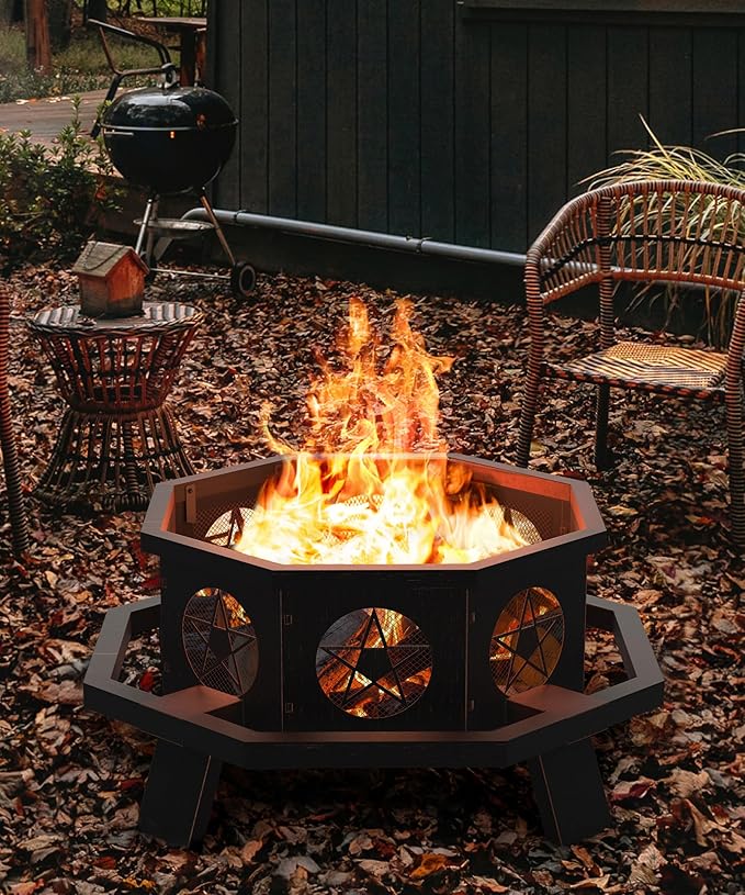 43 inch Fire Pit Outdoor Fire Pits with Cooking Grill Wood Burning Fire Pits for Outside Octagonal Heavy Duty Large Firepit with Poker for Bonfire Backyard Camping Bronze