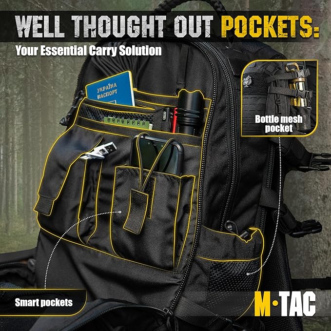 M-Tac Military Backpack for Men and Women - Large 25L Hiking MOLLE Backpack for Travel and Survival - Black Rucksack - Hiking (new)