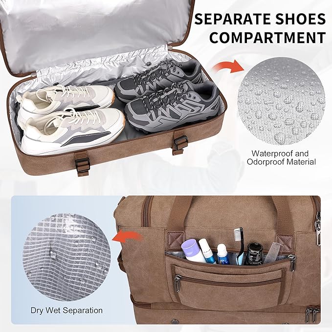WITZMAN Duffle Bag for Men 50L Canvas Weekender Overnight Bag with Toiletry Bag Sets Travel Duffel Bag Shoes Compartment（A8010/2 Brown）