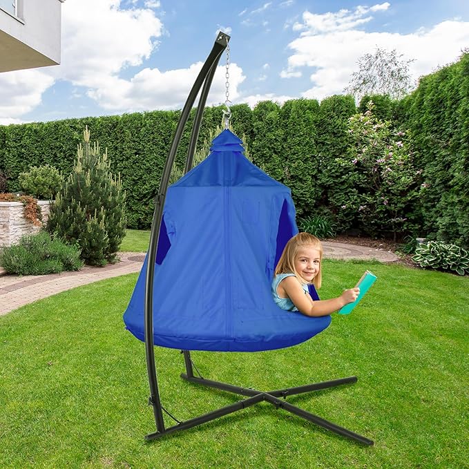 Arlopu Hanging Hammock X-Stand w/Tree Tent Indoor Metal Swing Chair w/Play Tent Outdoor Egg Basket Patio Seat Porch Bedroom Balcony Chair w/Adjustable Solid Stand (Blue)