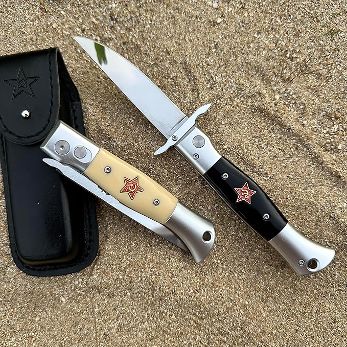 Russia KGB Pocket Folding Knife with Stainless Steel Drop Point Blade Knives and Lightweight Lockback Multi-Tool for Camping Outdoor HuntingSurvival and EDC (Light yellow)