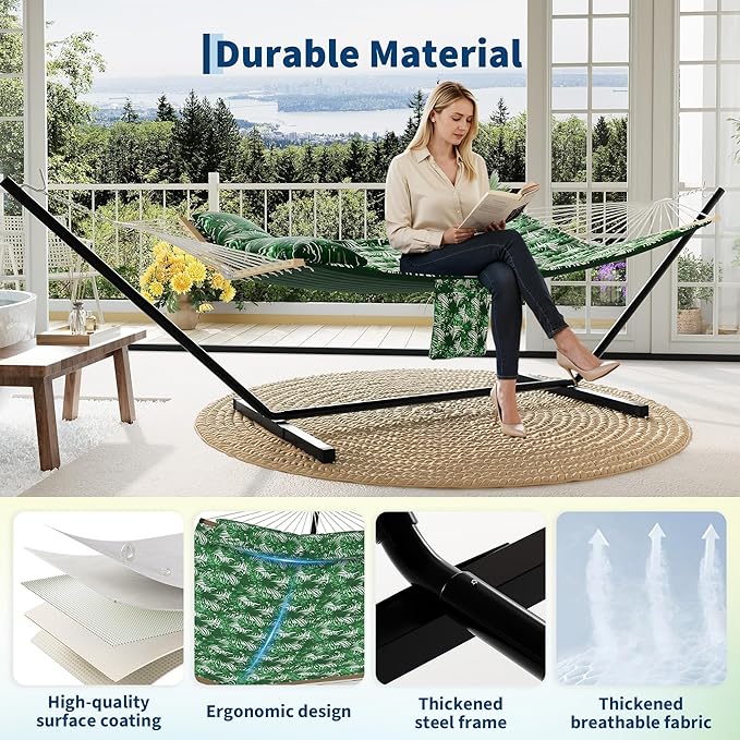 2 Person Outdoor Hammock with Stand 450LBS Capacity Heavy Duty Hammock with Carrying Bag &amp Soft Pillow Portable Indoor Outdoor Hammock Perfect for Backyard Patio Beach