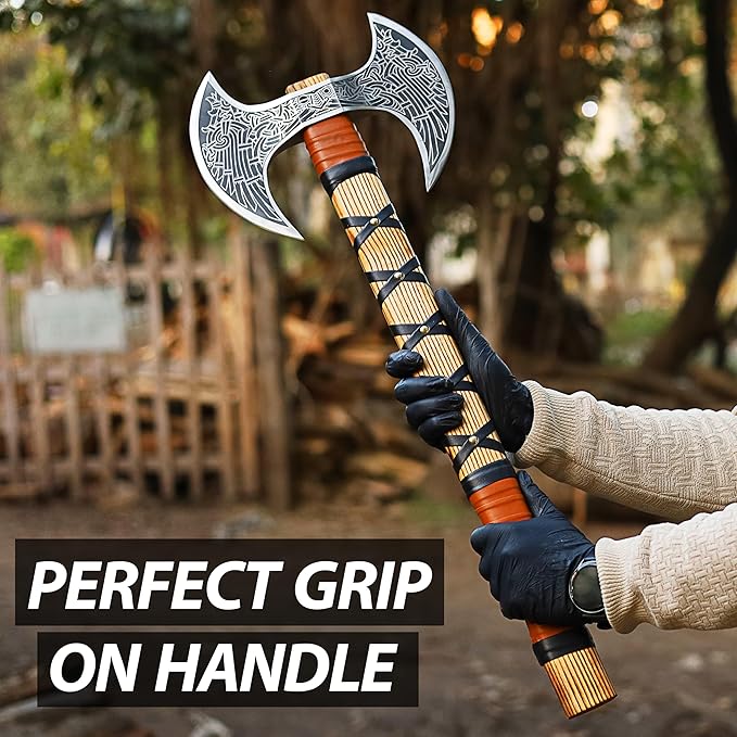 SHINY CRAFTS® Handcrafted Viking Axe – Engraved Nordic Blade with Wooden Handle Unique Gift for Men Collectors Cosplay and Medieval Decor (Brown-SCA-13)