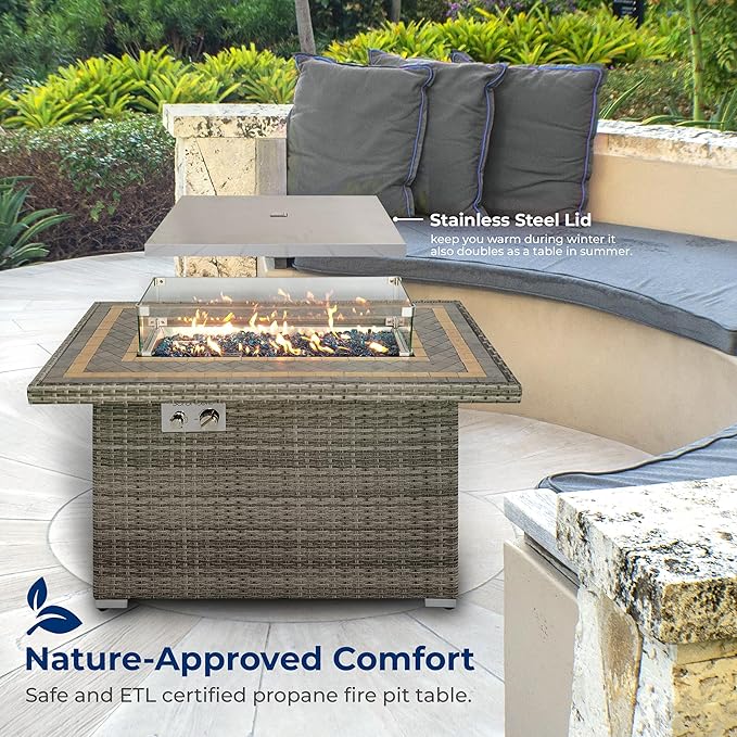 SereneLife Sturdy Wicker Base Propane Fire Pit Table with Tile Top Patio Heater &amp Propane Heater Sliding Door Stainless Steel Burner Tempered Glass Wind Guard 50000 BTU Weather Resistant