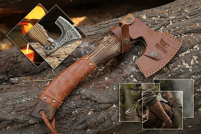 13” Inch Viking Axe- Ash Wood Handle Hatchets and Axes with Leather Wrap Wood Splitting Axe Camping Axe Throwing Axes and Tomahawks - Gift for Father’s Day Husband(Rare Viking)