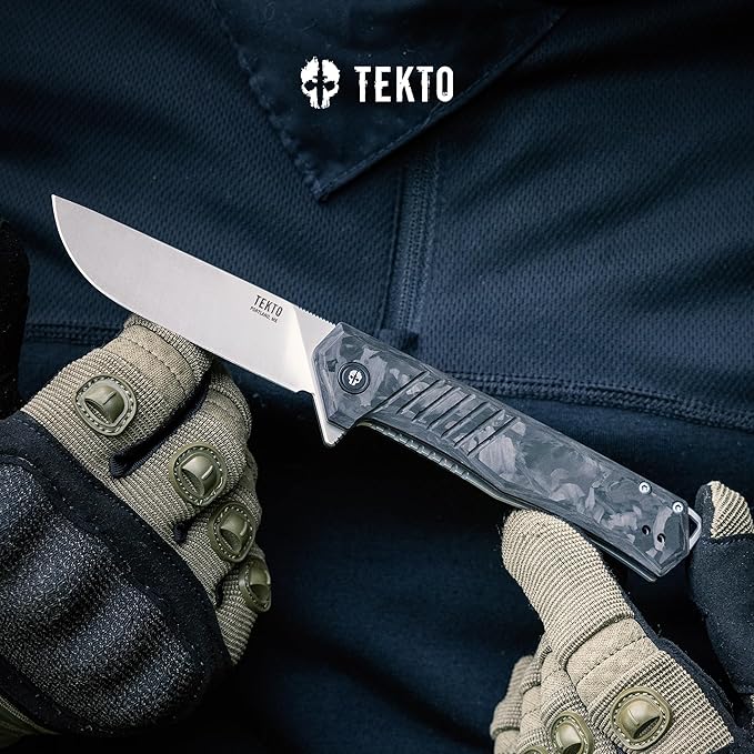 TEKTO KNIVES F1 Alpha Folding Pocket Knife - Modified Straight Back Blade Titanium Coated D2 Steel Ideal for Camping &amp Backpacking Tactical Forged Carbon Fiber Handle Silver Titanium Accents