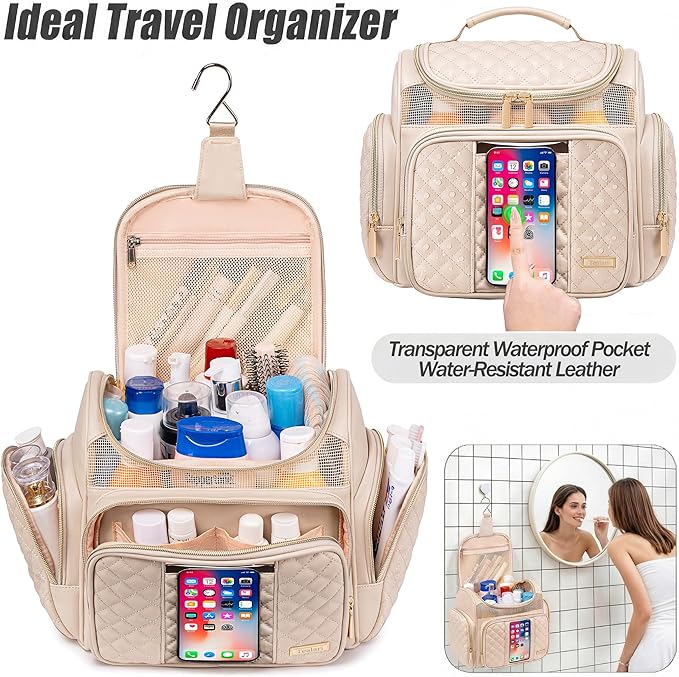 Large Leather Toiletry Bag for Women MenBathroom BagWater Resistant Shower BagMakeup BagPortable Shower Caddy for College DormHanging Travel Toiletry Bag with Transparent Waterproof Phone Pocket