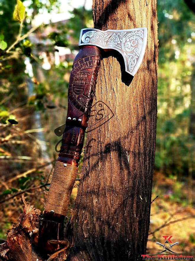 FS Crafts 21 Custom Handmade Carbon Steel Viking Axe Hand Forged Outdoor Hunting Camping Norse Axe Hatchet Bearded Dane Axe Ragnar Engraved Handle with Leather Sheath AXE003FR