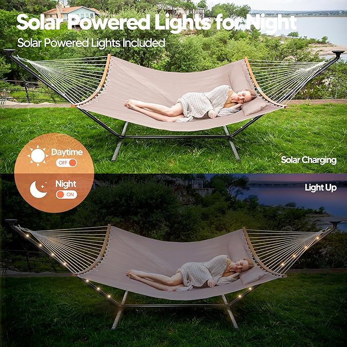 SUNCREAT Hammocks Outdoor 2 Person Hammock with Solar Powered Lights Double Hammock with 12 ft Stand Included Tan