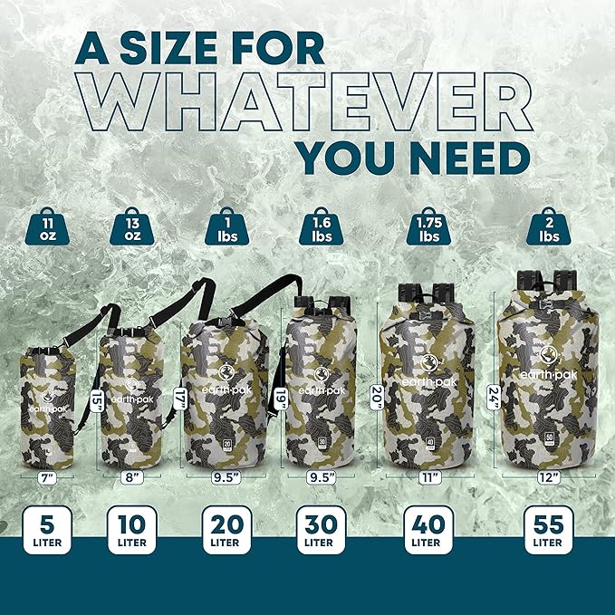 Earth Pak Waterproof Dry Bag - Roll Top Waterproof Backpack Sack (Camo 40L &amp 30L)