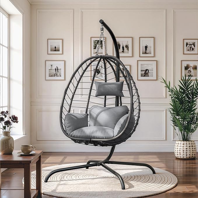 ALAULM Foldable Egg Chair with Stand 485LBS Capacity Wicker Rattan Hammock Swing Chair for Outdoor &amp Indoor Hanging Chair with Strong Frame &amp UV Resistant Cushion for Balcony Bedroom Light