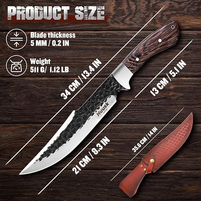 Huusk Fixed Blade Bowie Knife - 8 Hunting Knife with Sheath Full Tang Survival Knives with Ergonomic Wood Handle Outdoor Bushcraft Knives for Camping Hiking Fishing BBQ Christmas Gifts for Men