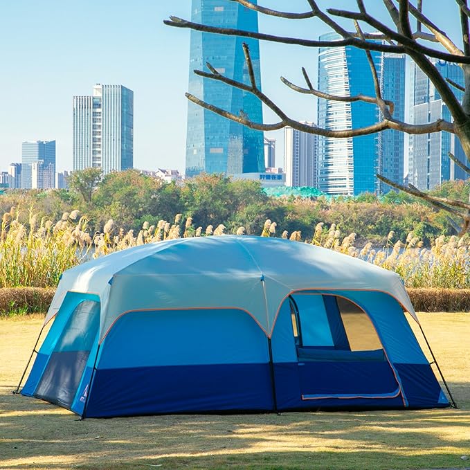 KTT Extra Large Tent 10-12-14 Person(B)Family Cabin Tents2 Rooms3 Doors and 3 Windows with MeshStraight WallWaterproofDouble LayerBig Tent for OutdoorPicnicCampingFamily Gathering
