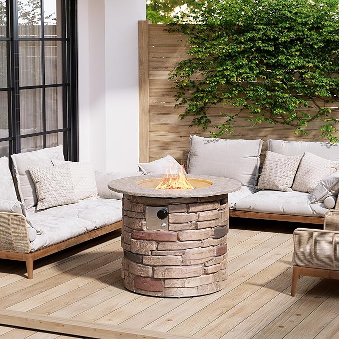HOMPUS Outdoor Propane Fire Table 32-inch Imitation Stone Concrete with Rain Cover and Lava Rocks - Smokeless 40000 BTU for Patio Garden Deck or Backyard