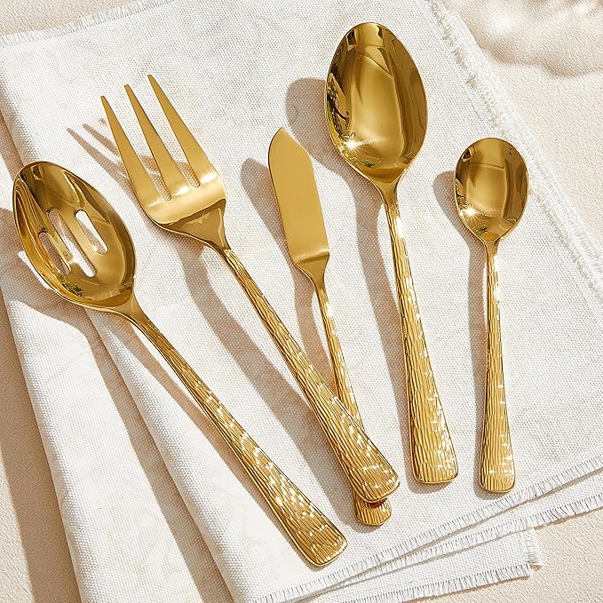 KINGSTONE Gold Hammered Silverware Set Flatware Set with Serving Utensils 18/10 Stainless Steel Premium Cutlery with Unique Ripple Handles Design Mirror Polished - Dishwasher Safe (65-Piece)