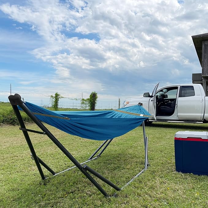 Tranquillo Uniki Hammock Stand 550 lbs Capacity Portable Collapsible Outdoor Hammock with Stand Signature Steel Stand Breathable Canvas Hammock Net Blue