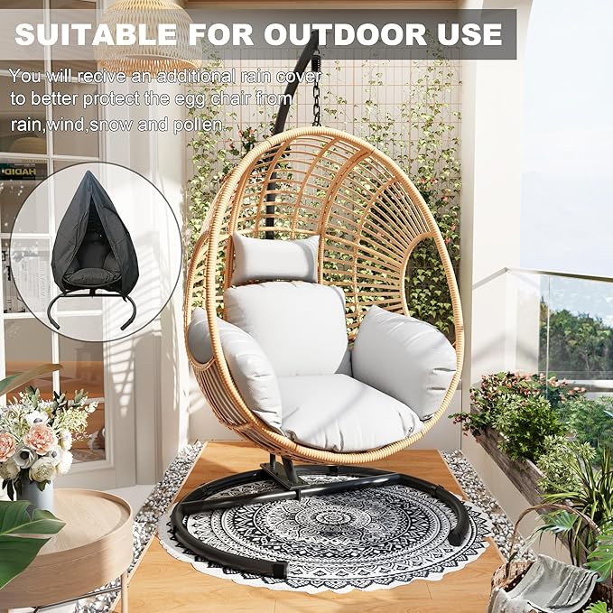 Oversized Hanging Egg Chair Outdoor Indoor Wicker Swing Egg Chair with Stand 400lbs Capacity for Bedroom Patio Garden and Balcony (Beige-Regular Oversize)