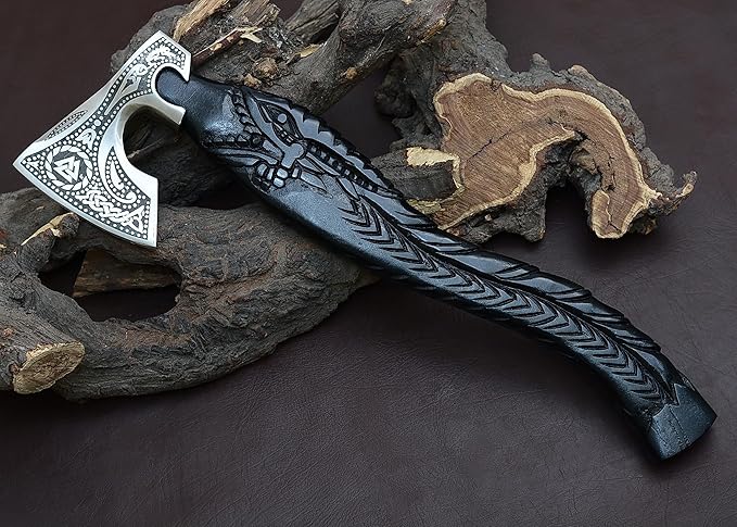 Viking-Style Bearded Axe J2 Steel Blade Handcrafted Wooden Handle Sharp Snatching Edge for Battle Ready Throwing &amp Collecting