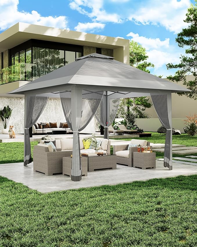 13x13ft Pop Up Gazebo Outdoor Canopy Tent with Mosquito Netting Heavy Duty Party Tent Shelter with Waterproof and Ultraviolet Double Roof for Backyard Garden Lawn and Deck (Grey)