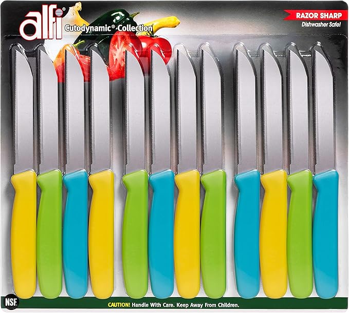 Alfi All-Purpose Knives Aerospace Precision Pointed Tip - Home And Kitchen Supplies - Serrated Steak Knives Set | Made in USA (Ultra Bright Multi-Color 12 pack)