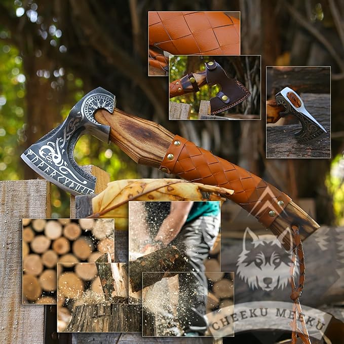 Custom Handmade Carbon Steel Real Viking Axe HatchetCamping Axe Birthday Gift for him Leather Wrapped Handle and Leather Sheath ((FM 20))