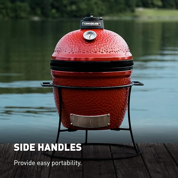 Kamado Joe Joe Jr 13.5-inch Portable Ceramic Charcoal Grill with Grill Stand Stainless Steel Cooking Grate Heat Deflectors and Ash Tool in Red Model KJ13RH