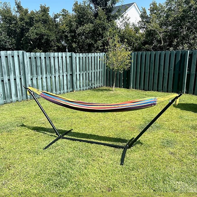 SZHLUX Double Hammock with Stand for Outside 450lb Capacity Steel Stand Premium Carry Bag Included and Two Anti Roll Balance Beam