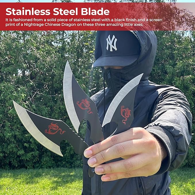 MedievalDepot Nightrage Dragon Set of Throwing Axes – Set of 3 – Overall 7.5” – Black Metal Chinese Style Axes with Rockaway Blade – Includes Sheath with Belt Loop for Carrying